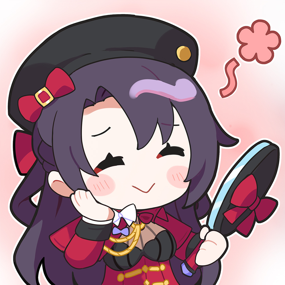 1girl, :>, artist_request, black_hair, black_hat, blush_stickers, chibi, chibi_only