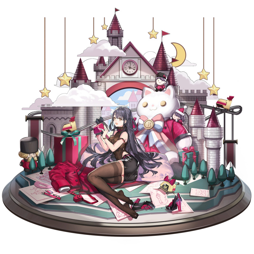1girl, back_hair, black_leotard, black_skirt, castle, dinergate_(girls'_frontline), drawing_(object), faux_figurine