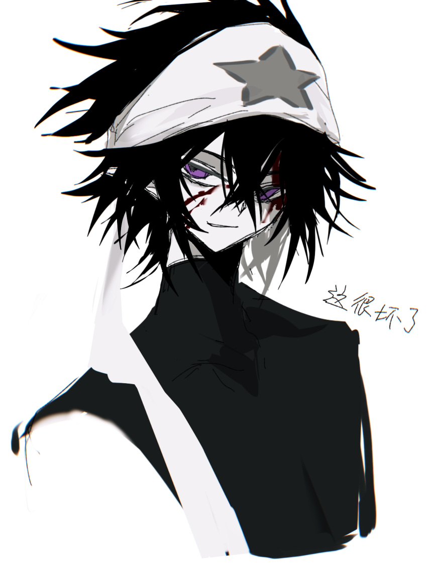 1boy, 2059700477, aotu_world, bandana, black_hair, black_shirt, blood, blood_on_face