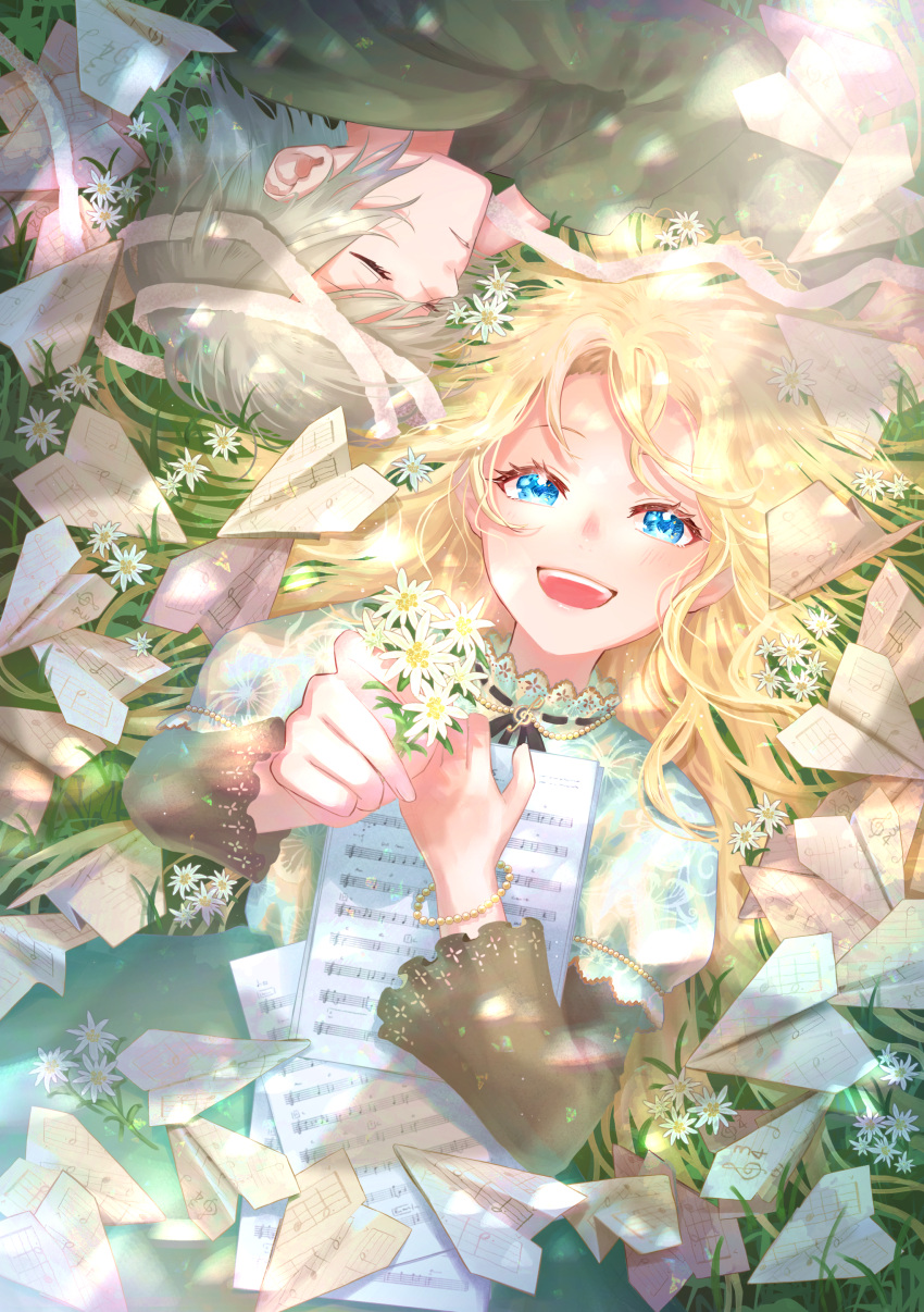 2girls, absurdres, blonde_hair, blue_eyes, gender_request, grass, highres, lying
