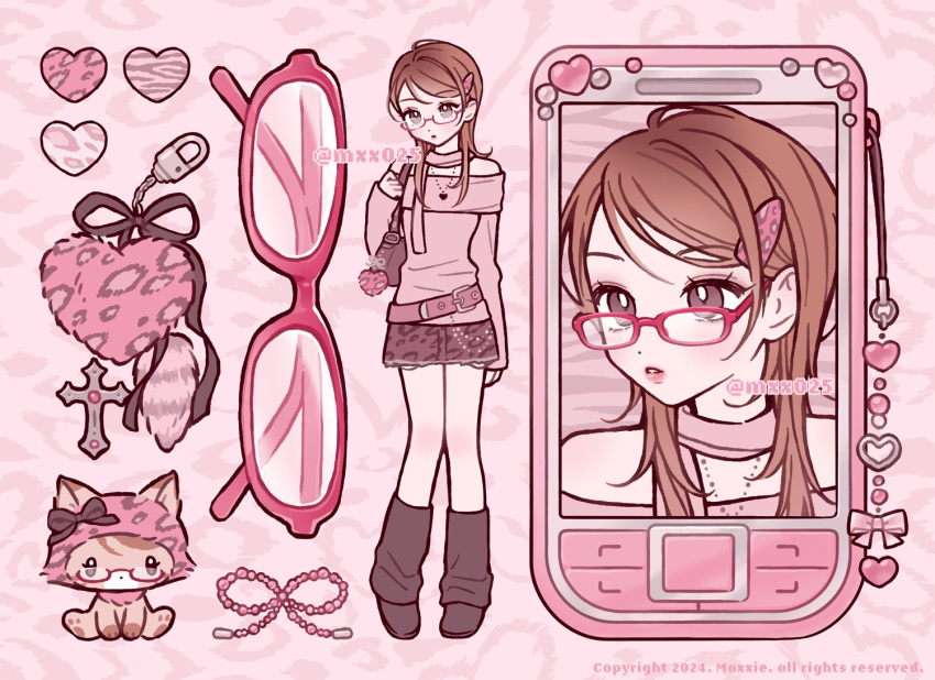 1girl, animal_print, animalization, bag, bag_charm, belt, black_shoes, black_skirt