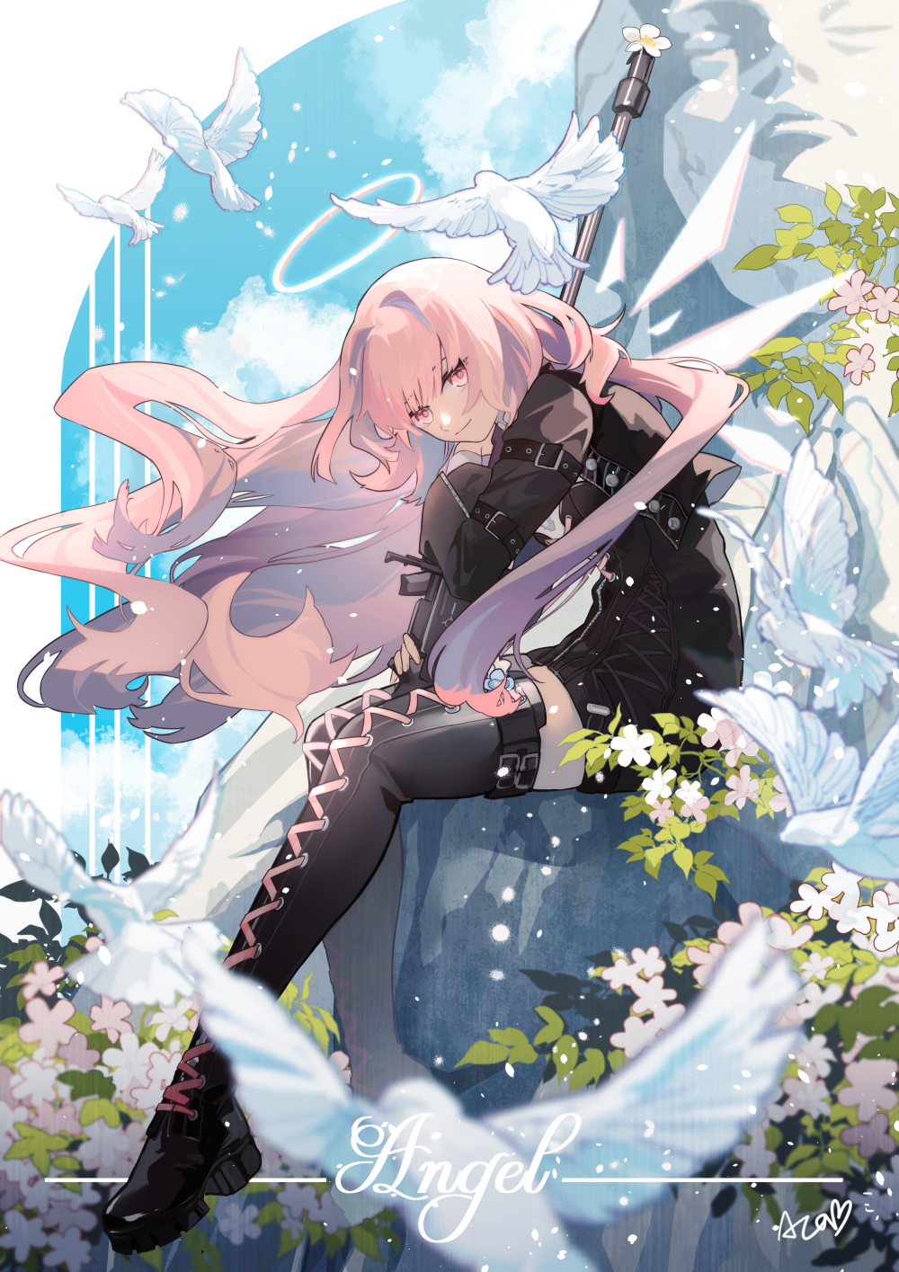 1girl, arknights, bird, black_dress, black_jacket, boots, dove, dress