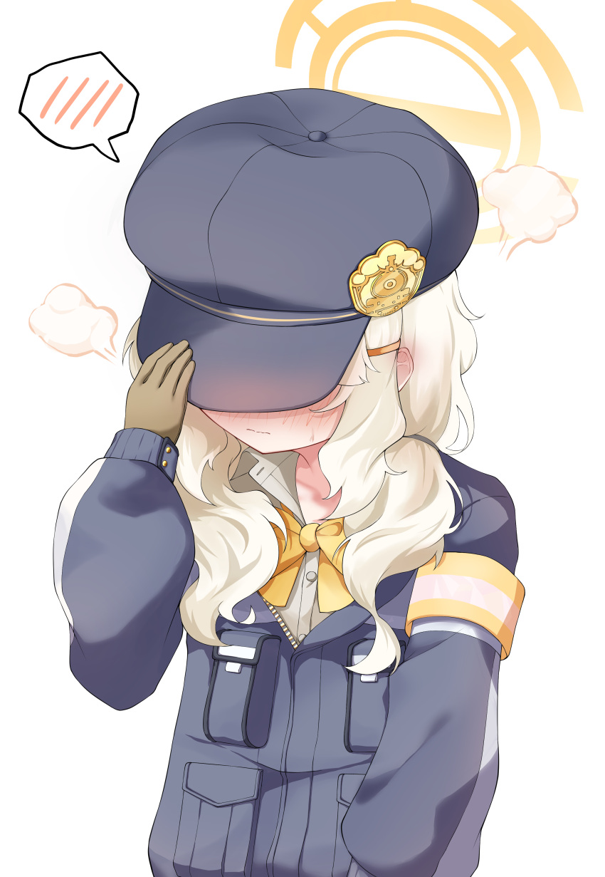 1girl, absurdres, aoba_(blue_archive), armband, black_hat, black_jacket, blonde_hair, blue_archive, blush, bow, bowtie, brown_gloves, cabbie_hat, closed_mouth, commentary_request, covering_own_eyes, ear_blush, fluffy_hair, gloves, halo, hat, hat_tug, highres, jacket, long_hair, long_sleeves, orange_armband, orange_bow, orange_bowtie, orange_halo, simple_background, solo, spoken_blush, upper_body, white_background, yoowaru