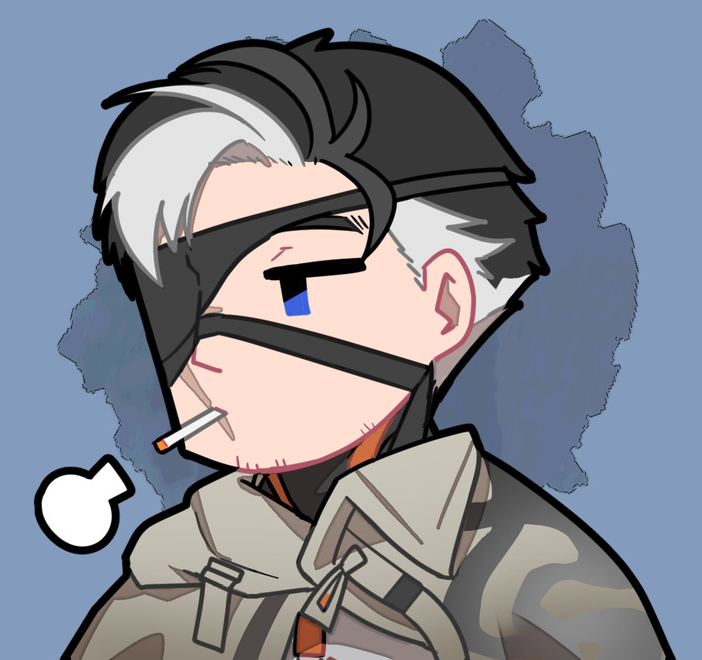 1boy, artist_request, black_hair, blue_eyes, chinese_commentary, cigarette, eyepatch, facial_hair, girls'_frontline_neural_cloud, girls_frontline, mature_male, mechanical_arms, mouth_hold, official_art, puff_of_air, python_(neural_cloud), scar, scar_on_face, scar_on_nose, second-party_source, single_mechanical_arm, smoking, solo, stubble, white_hair