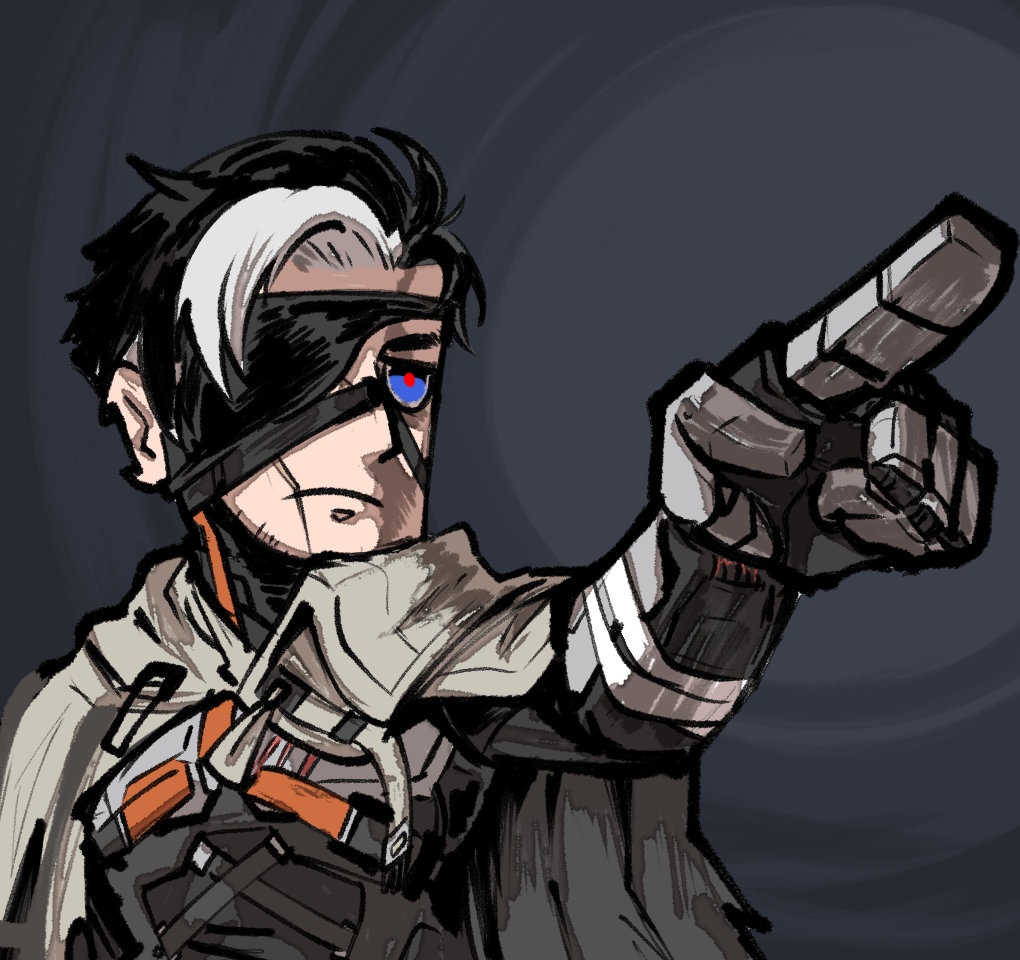 1boy, artist_request, black_hair, blue_eyes, chinese_commentary, eyepatch, facial_hair, girls'_frontline_neural_cloud