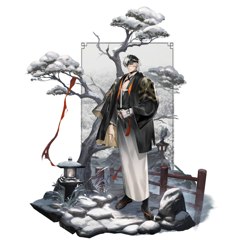 1boy, artist_request, black_hair, blue_eyes, chinese_commentary, eyepatch, facial_hair, faux_figurine
