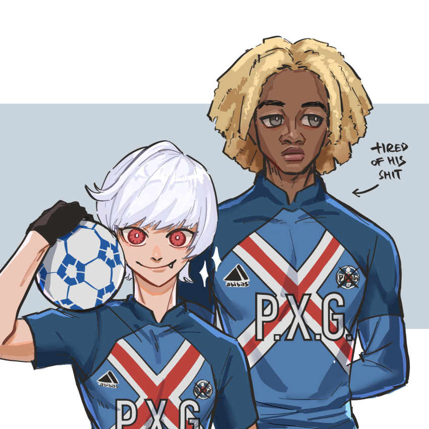 2boys, ball, blonde_hair, blue_lock, blue_shirt, brown_eyes, chapa_(blue_lock), charles_chevalier