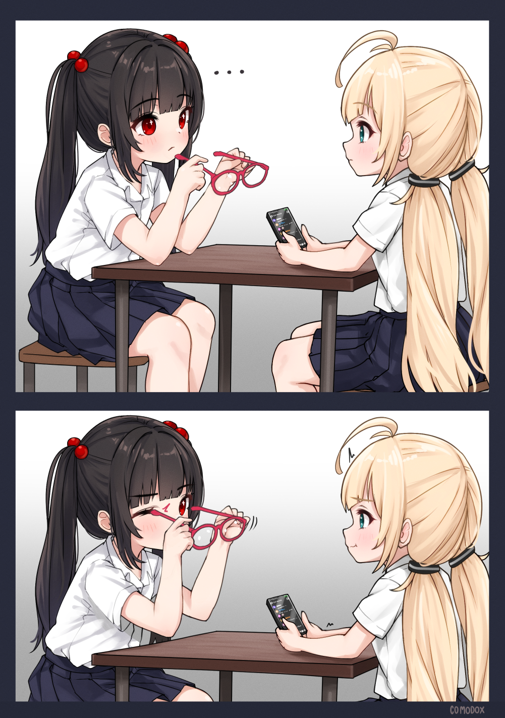 ..., 2girls, ahoge, black_hair, black_skirt, blonde_hair, cellphone, comodox