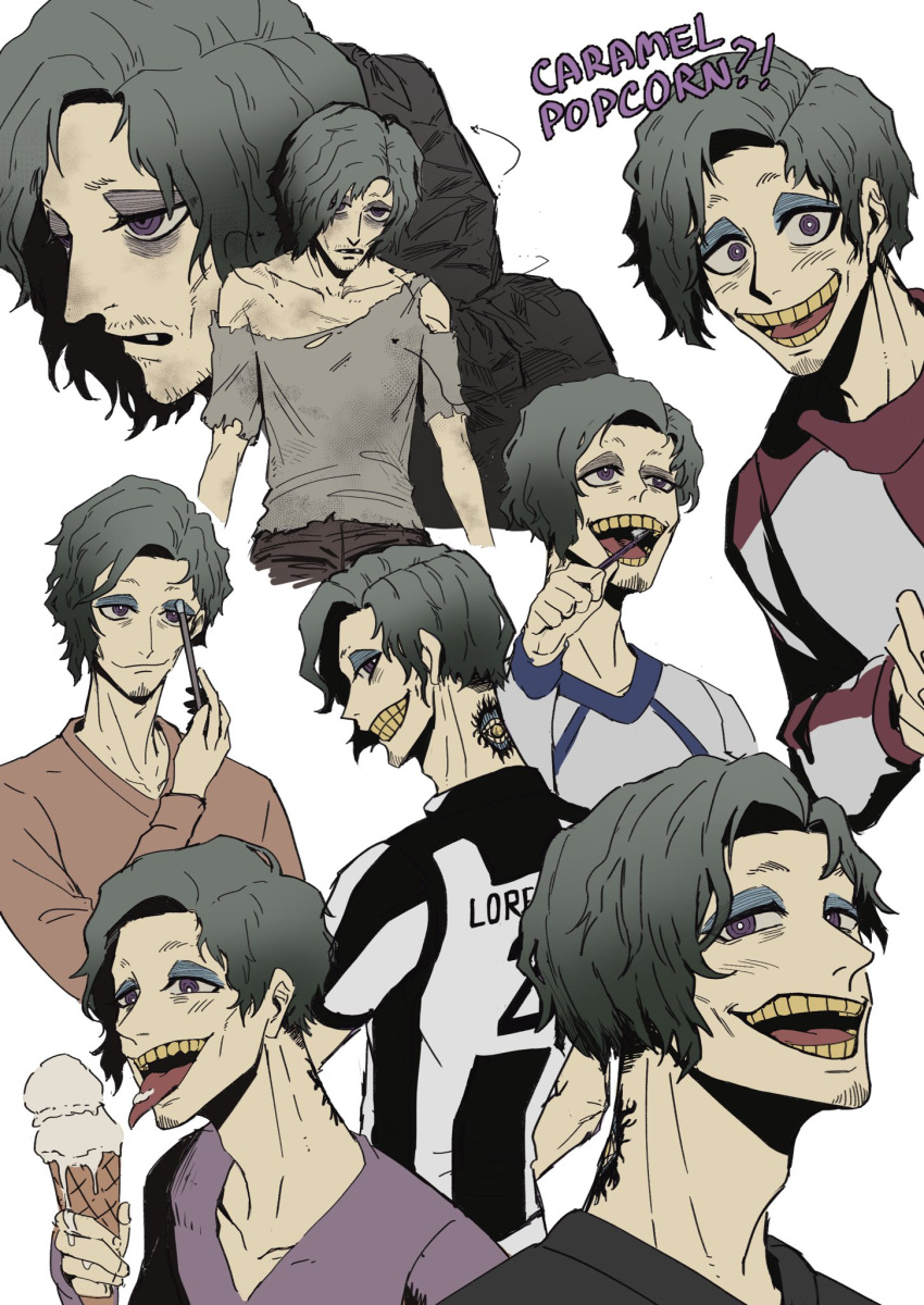 1boy, black_hair, black_shirt, blue_lock, don_lorenzo, food, hand_up, highres