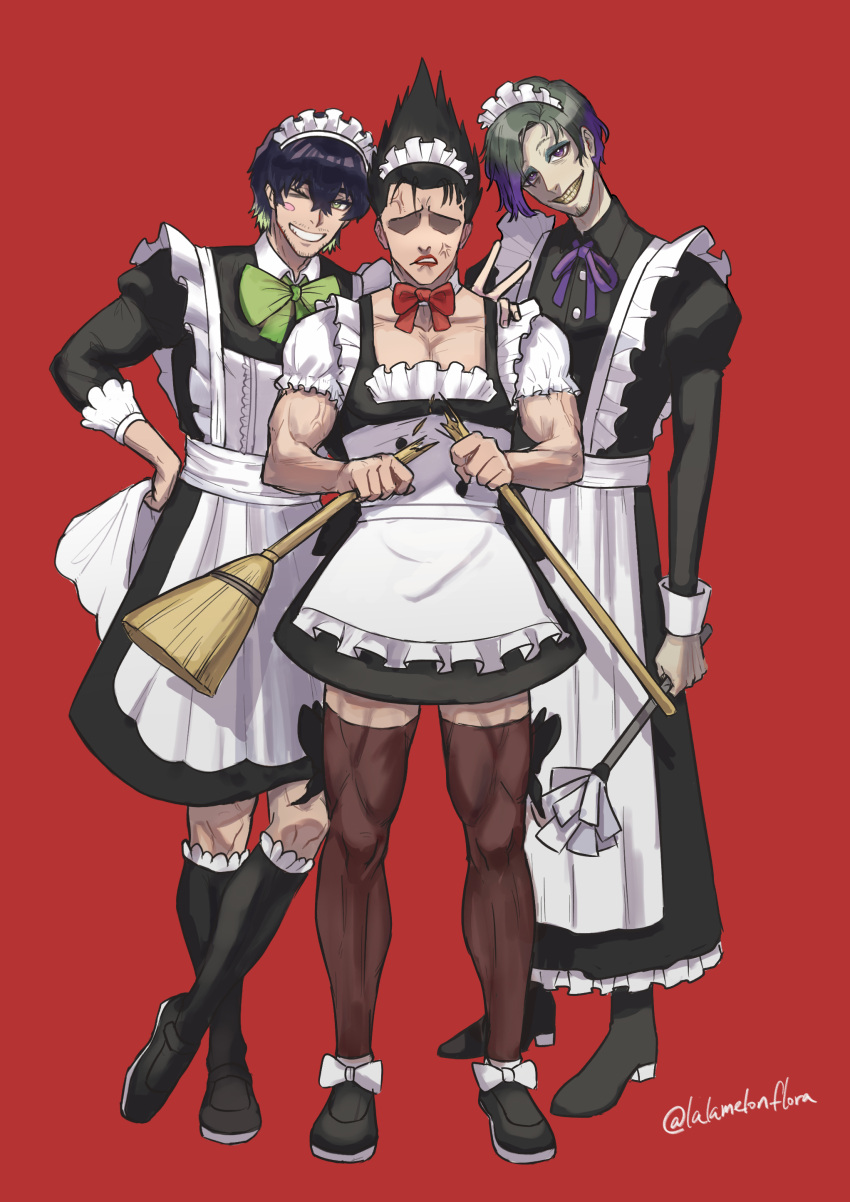 3boys, absurdres, angry, apron, barou_shouei, beard_over_mouth, black_dress, black_hair