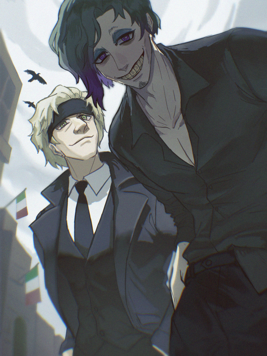 2boys, absurdres, bird, black_hair, black_headband, black_jacket, black_necktie, black_pants