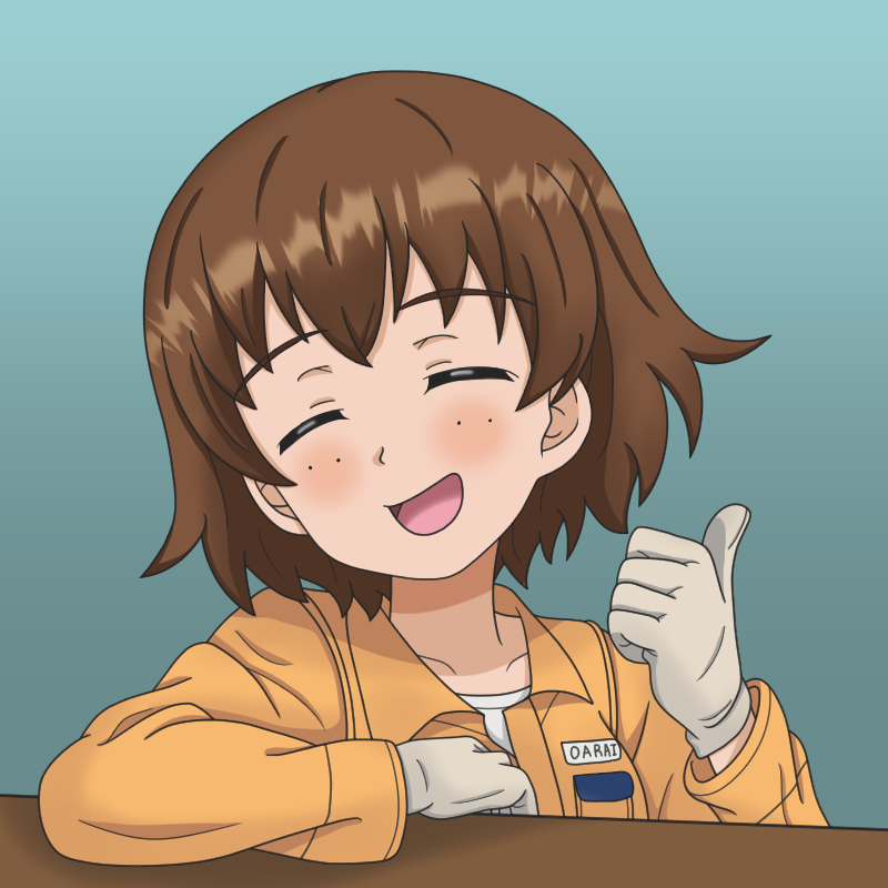 1girl, brown_hair, closed_eyes, commentary, elbow_rest, freckles, girls_und_panzer, gloves, grey_gloves, jumpsuit, kkonmulbeom_nyomy, long_sleeves, mechanic, orange_jumpsuit, solo, thumbs_up, tsuchiya_(girls_und_panzer), white_undershirt