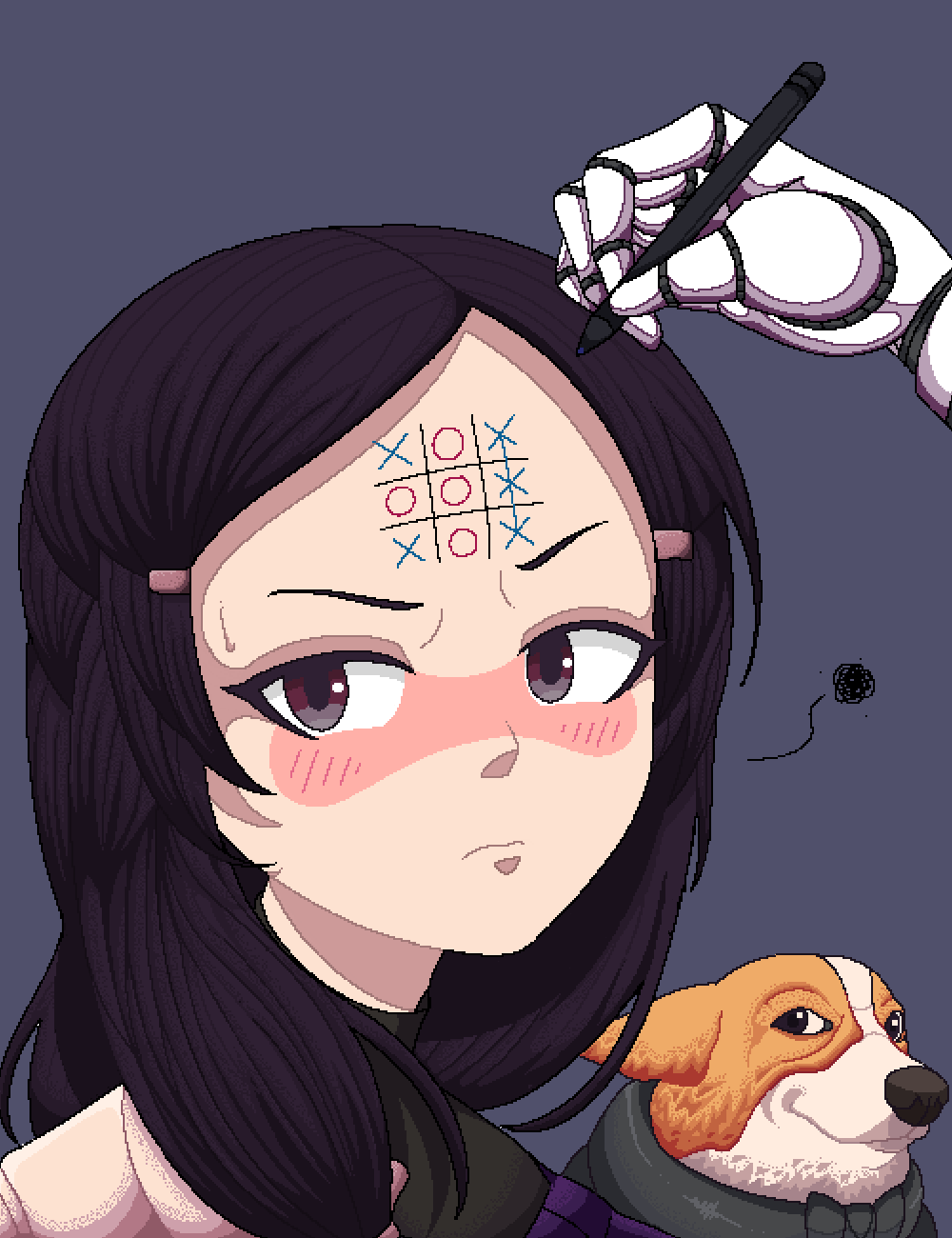1boy, 1girl, betty_(va-11_hall-a), blush, deal_(va-11_hall-a), dilemma_(fakefakehoshii), forehead_writing, highres