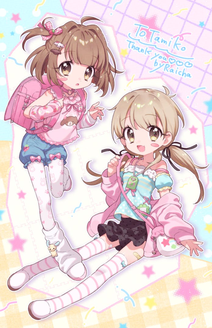 2girls, ahoge, backpack, bag, bandaid, bandaid_on_leg, black_skirt, blonde_girl_(0113miko), blonde_hair, blue_shirt, blue_shorts, bow, brown-haired_girl_(0113miko), brown_eyes, brown_hair, child, clover, commentary_request, commission, fashion, four-leaf_clover, hair_ornament, handbag, heisei_retro, jacket, jewelry, kurousa, long_hair, looking_at_viewer, loose_socks, low_twintails, multiple_girls, necklace, one_side_up, open_clothes, open_jacket, original, pantyhose, pink_arm_warmers, pink_jacket, pink_shirt, print_pantyhose, print_shirt, rabbit_hair_ornament, raicha_(rdml_chashi), randoseru, sanrio, shirousa_(sugarbunnies), shirt, short_hair, shorts, skeb_commission, skirt, socks, striped_clothes, striped_thighhighs, sugarbunnies, thigh-highs, twintails