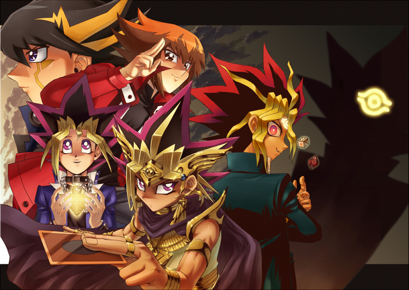 atem, bad_id, black_hair, blonde_hair, blue_eyes, brown_eyes, brown_hair, cape, fudou_yuusei, holding_card, jacket, jewelry, long_hair, male, millennium_puzzle, multicolored_hair, multiple_boys, mutou_yuugi, open_mouth, pendant, raku_(howdy), school_uniform, short_hair, slifer_red_uniform, smile, tan, tattoo, yami_yuugi, yu-gi-oh!, yugioh, yugioh_5d's, yugioh_gx, yuki_judai, yuu-gi-ou, yuu-gi-ou_(card), yuu-gi-ou_5d's, yuu-gi-ou_5d's, yuu-gi-ou_duel_monsters, yuu-gi-ou_gx, yuuki_juudai