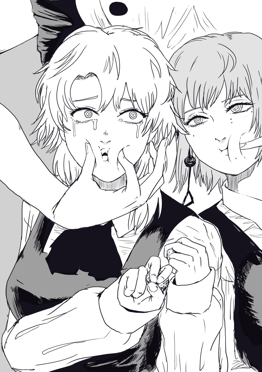 3girls, chainsaw_man, dress, earrings, falling_devil_(chainsaw_man), fami_(chainsaw_man), fourth_east_high_school_uniform, greyscale, highres, jewelry, k.rikina, long_sleeves, monochrome, multiple_girls, pinafore_dress, ringed_eyes, rock, school_uniform, sleeveless, sleeveless_dress, white_haired_girl_(chainsaw_man)