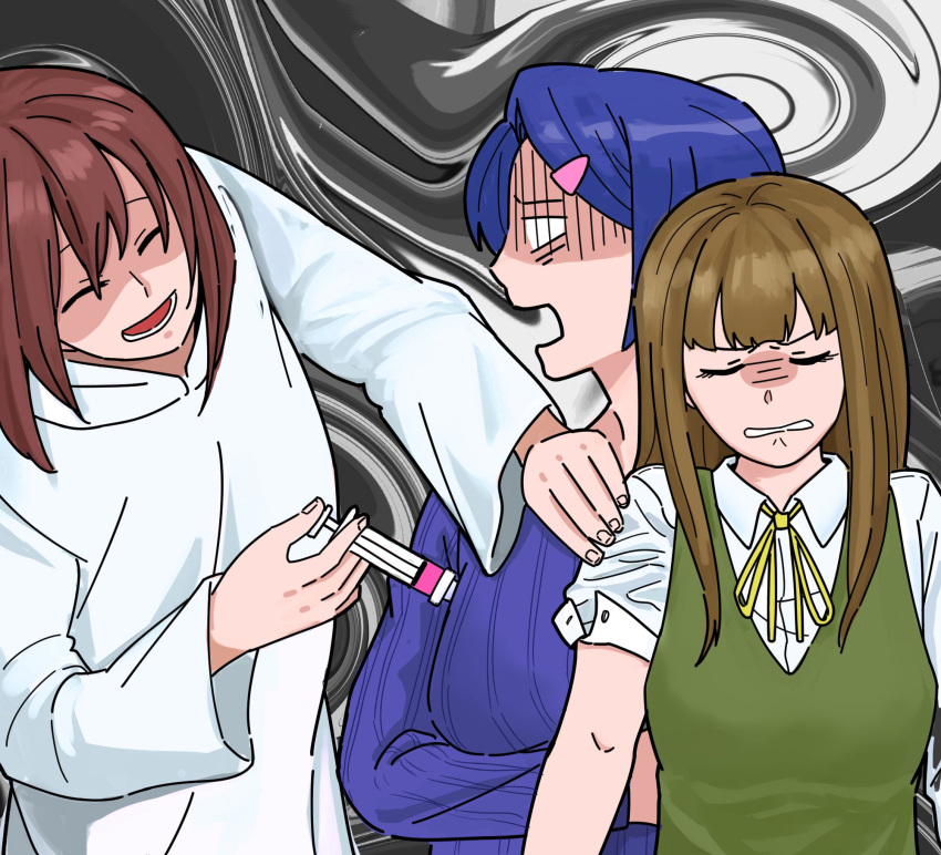 3girls, abstract_background, behind_another, black_background, blank_eyes, blue_sweater, breasts, brown_hair