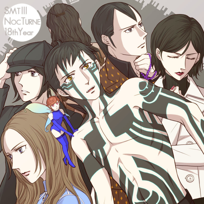 3girls, 4boys, bead_bracelet, beads, black_hair, black_hat, blue_gloves, blue_leotard