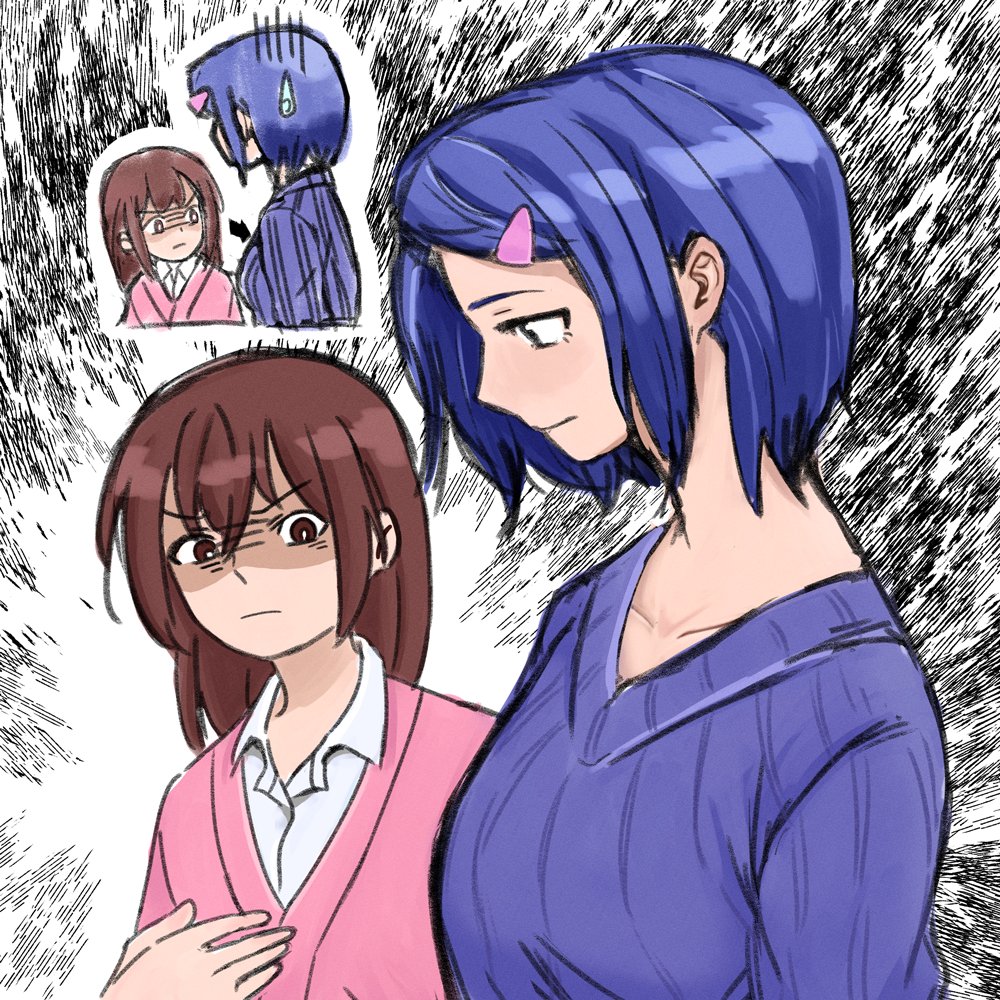 2girls, aura, blue_hair, breast_envy, breasts, brown_eyes, brown_hair, chibi