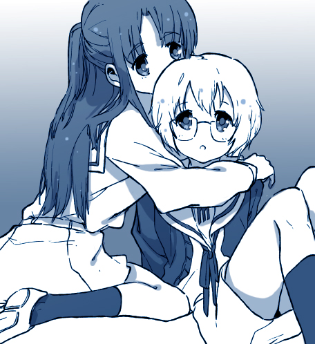 aram, asakura_ryouko, cardigan, glasses, long_hair, lowres, monochrome, multiple_girls