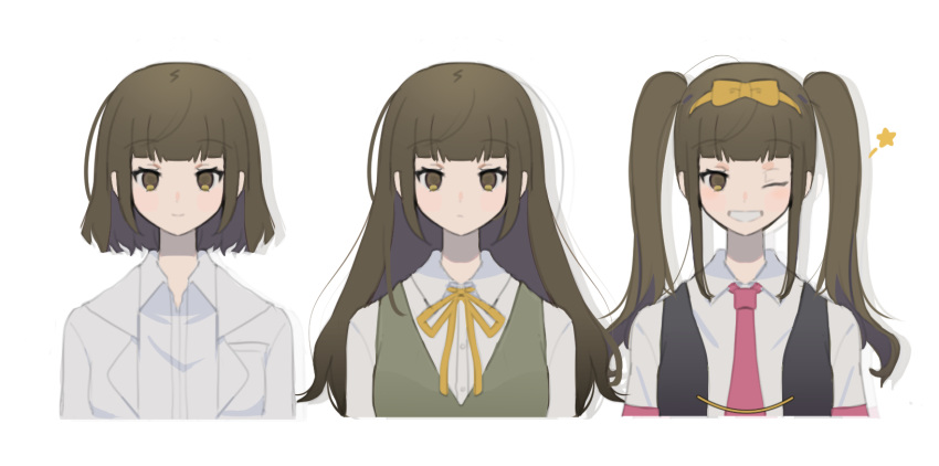 1girl, alternate_hairstyle, black_vest, blunt_bangs, bow, bow_hairband, brown_eyes, brown_hair, closed_mouth, collared_shirt, gotou_erina, green_vest, grin, hairband, highres, hrdrifter, jacket, long_hair, looking_at_viewer, multiple_views, neck_ribbon, necktie, one_eye_closed, pink_necktie, ribbon, shigatsu_youka, shirt, short_hair, simple_background, smile, twintails, variations, vest, white_background, white_jacket, white_shirt, wink_star, yellow_bow, yellow_hairband, yellow_ribbon