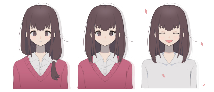 1girl, alternate_hairstyle, brown_eyes, brown_hair, closed_mouth, collared_shirt, cropped_torso, facing_viewer
