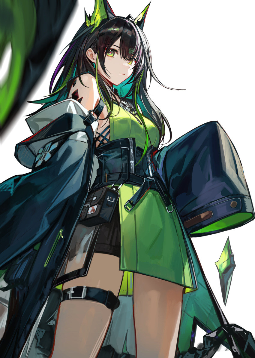 1girl, absurdres, animal_ears, arknights, bare_shoulders, black_hair, breasts, cat_ears, closed_mouth, coat, dooduck, dress, green_dress, green_eyes, green_hair, highres, holding, jacket, leg_ribbon, long_hair, looking_at_viewer, medium_breasts, mon3tr_(arknights), multicolored_hair, off_shoulder, open_clothes, open_coat, ribbon, simple_background, sleeves_past_fingers, sleeves_past_wrists, solo, standing, streaked_hair, thigh_strap, white_background
