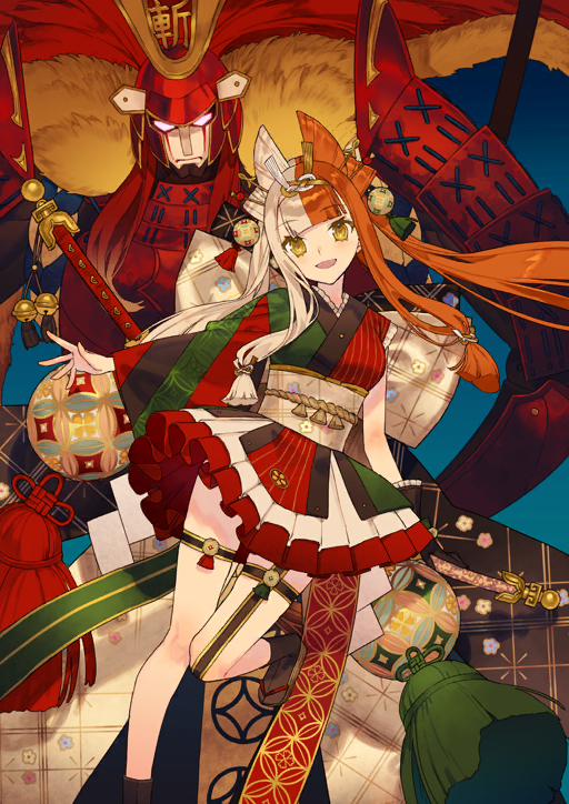 1girl, :d, arm_at_side, armor, asymmetrical_legwear, asymmetrical_sleeves, back_bow, black_gloves