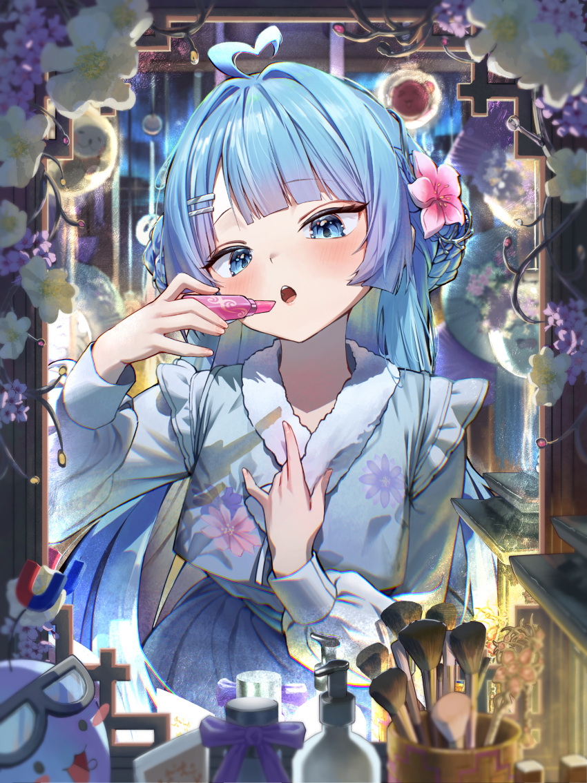 1girl, :o, =_hair_ornament, absurdres, ahoge, arahashi_tabi, blue_eyes, blue_hair