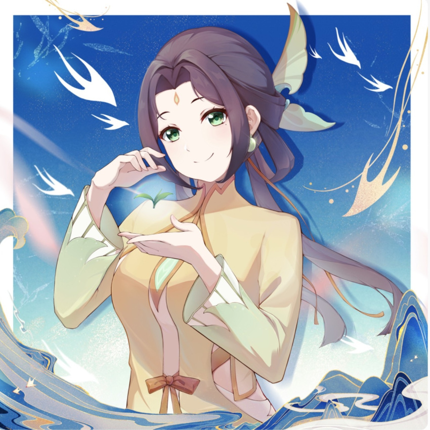 1girl, breasts, brown_hair, chinese_clothes, closed_mouth, dress, earrings, facial_mark