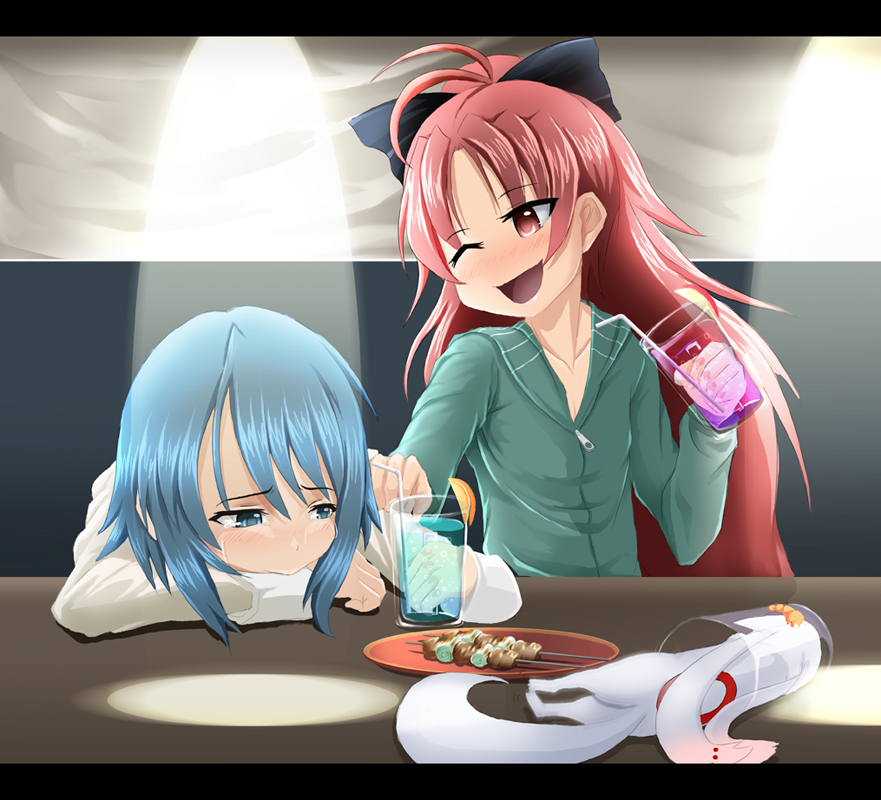 blue_eyes, blue_hair, drink, drunk, food, kazuna, kyubey, kyuubee