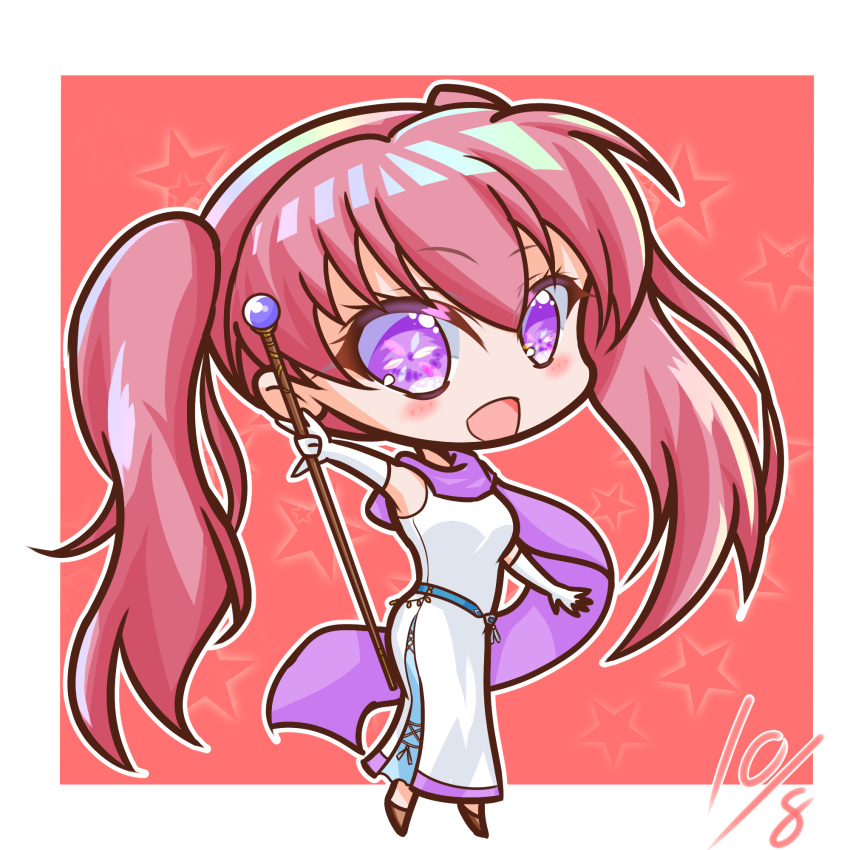 1girl, chibi, dress, fire_emblem, fire_emblem:_the_blazing_blade, griffonmask11, highres, holding, holding_staff, long_hair, open_mouth, pink_hair, serra_(fire_emblem), smile, staff, twintails, violet_eyes, white_dress