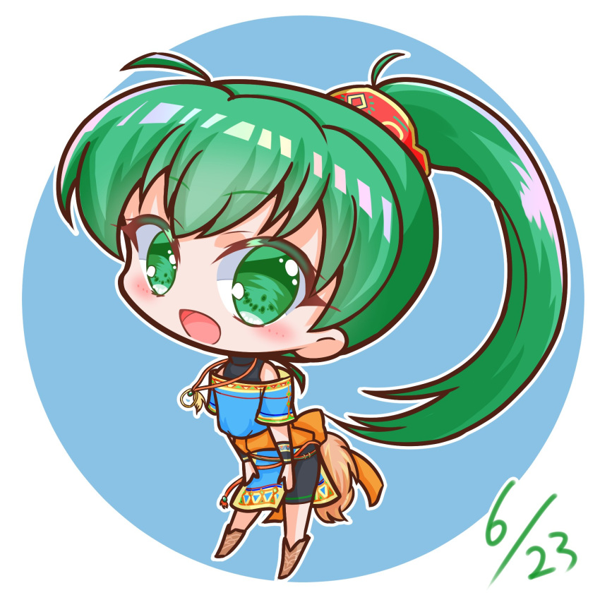 1girl, blue_background, blush, fire_emblem, fire_emblem:_the_blazing_blade, fire_emblem_heroes, green_eyes, green_hair, griffonmask11, high_ponytail, highres, jewelry, long_hair, looking_at_viewer, lyn_(fire_emblem), lyn_(winds_of_hope)_(fire_emblem), necklace, open_mouth, ponytail, simple_background, smile