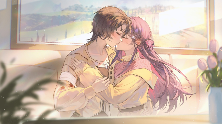 2girls, bandaged_arm, bandages, belt, blood, blood_on_clothes, brown_hair, brown_jacket, buttons, closed_eyes, collarbone, eleanor_si, flower, game_cg, hair_ornament, hairclip, hand_on_another's_arm, hand_on_another's_waist, highres, jacket, kiss, layered_clothes, leaf, leather, leather_jacket, long_hair, love_curse:_find_your_soulmate, multicolored_hair, multiple_girls, non-web_source, official_art, painting_(object), pale_skin, pink_flower, pink_hair, pink_sweater, plant, purple_hair, selene_yan, short_hair, short_sidetail, side_ponytail, sleeves_past_wrists, sweater, two-tone_hair, yuri