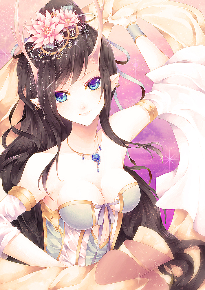 bad_id, blue_eyes, bracelet, breasts, brown_hair, detached_sleeves, earrings, flower