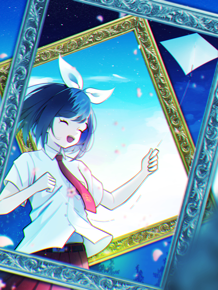 1girl, absurdres, belt, black_belt, blue_hair, chromatic_aberration, closed_eyes, collared_shirt