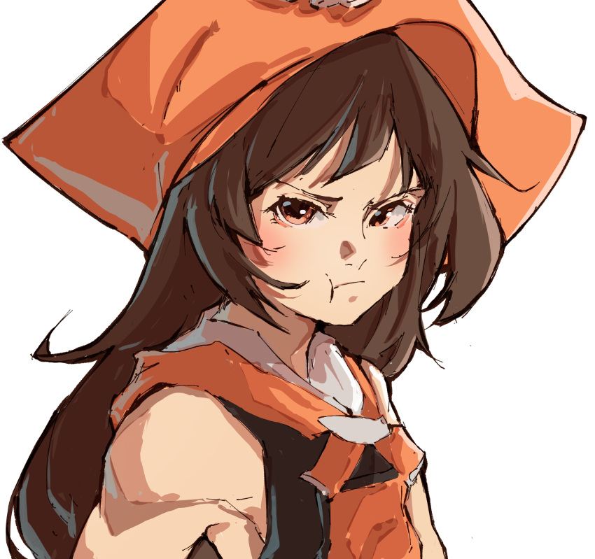 1girl, absurdres, bare_shoulders, brown_eyes, closed_mouth, english_commentary, guilty_gear, hat