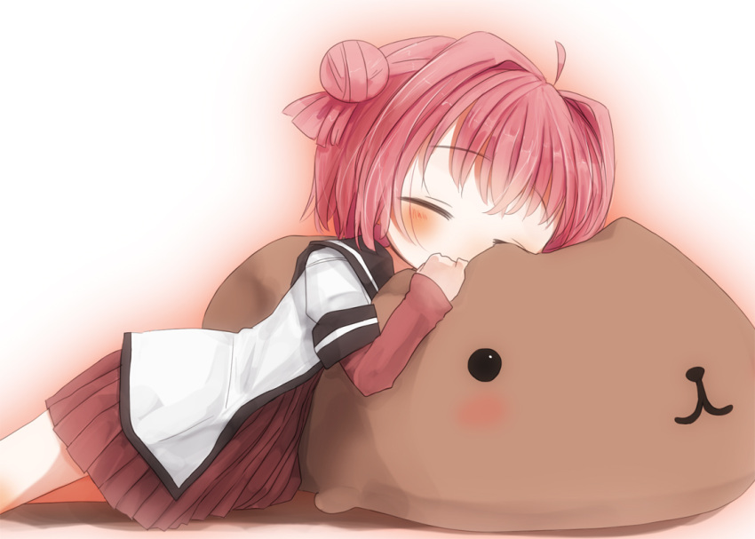1girl, akaza_akari, blush, capybara-san, closed_eyes, commentary_request, double_bun, dress