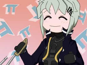 1girl, ^_^, animated, animated_gif, aqua_hair, black_bodysuit, black_gloves, bodysuit, bodysuit_under_clothes, buttons, closed_eyes, coat, gloves, gradient_background, hair_ornament, hairclip, holding, holding_sword, holding_weapon, leekspin_(meme), light_blush, looping_animation, lowres, marie_(peripeteia), meme, nonahobb, open_clothes, open_coat, peripeteia, pi_(math), popped_collar, saber_(weapon), short_hair, solo, sword, talking, trench_coat, triangle_button, upper_body, weapon