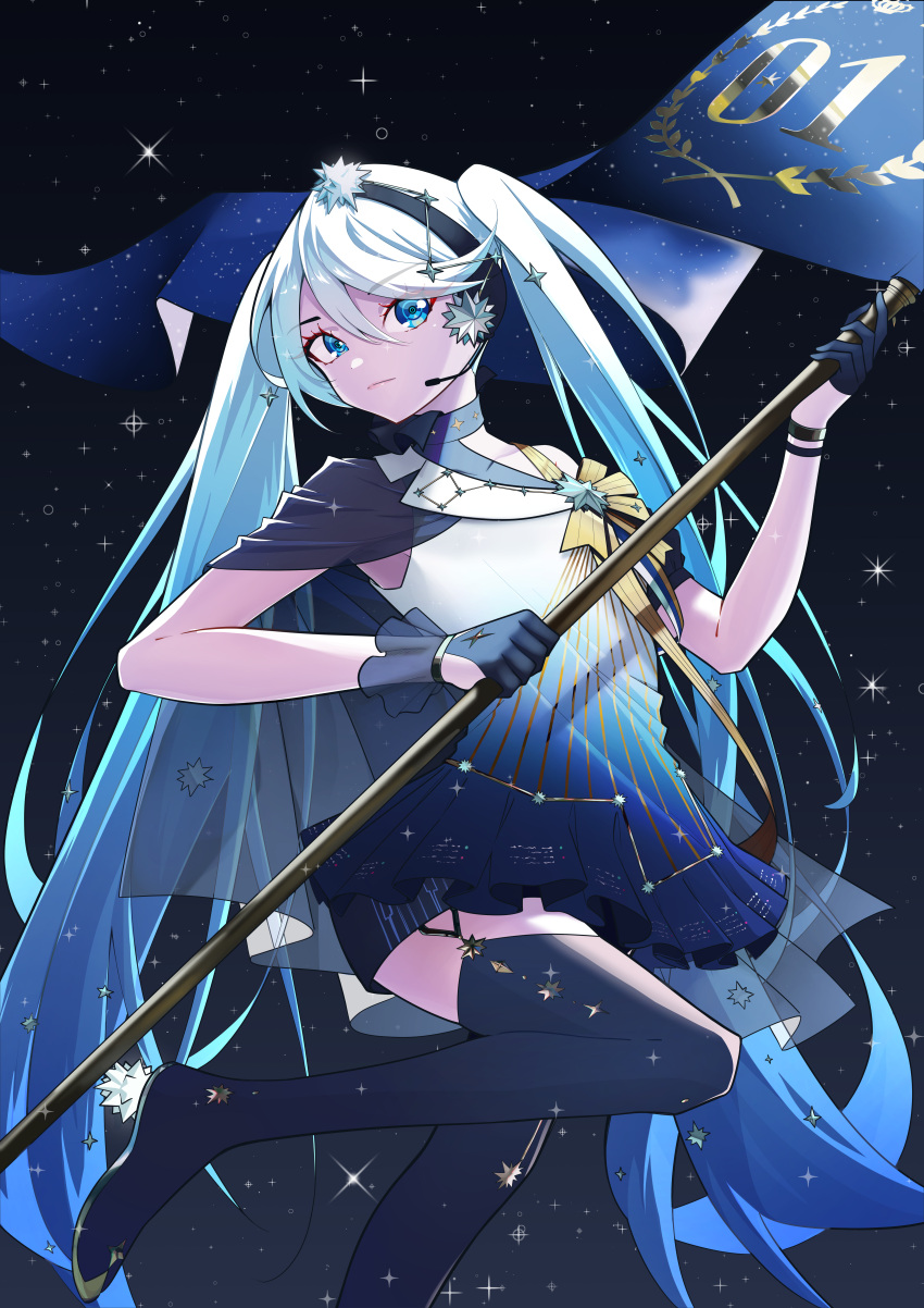 1girl, absurdres, aqua_eyes, asymmetrical_gloves, blue_hair, boots, cowboy_shot, double-parted_bangs, dress, earpiece, flag, gloves, gradient_clothes, gradient_dress, gradient_hair, hair_between_eyes, hairband, half_gloves, hatsune_miku, highres, holding, holding_flag, ji-rex, mismatched_gloves, multicolored_hair, polaris_miku, shorts, simple_background, sky, sleeveless, sleeveless_dress, solo, sparkle, standing, standing_on_one_leg, star_(sky), starry_sky, thigh_boots, twintails, vocaloid
