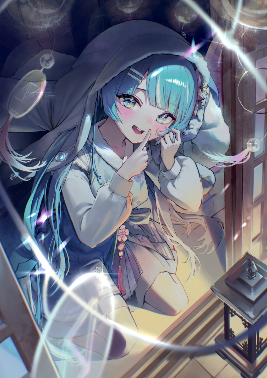 1girl, :d, =_hair_ornament, absurdres, arahashi_tabi, blue_eyes, blue_hair, blush