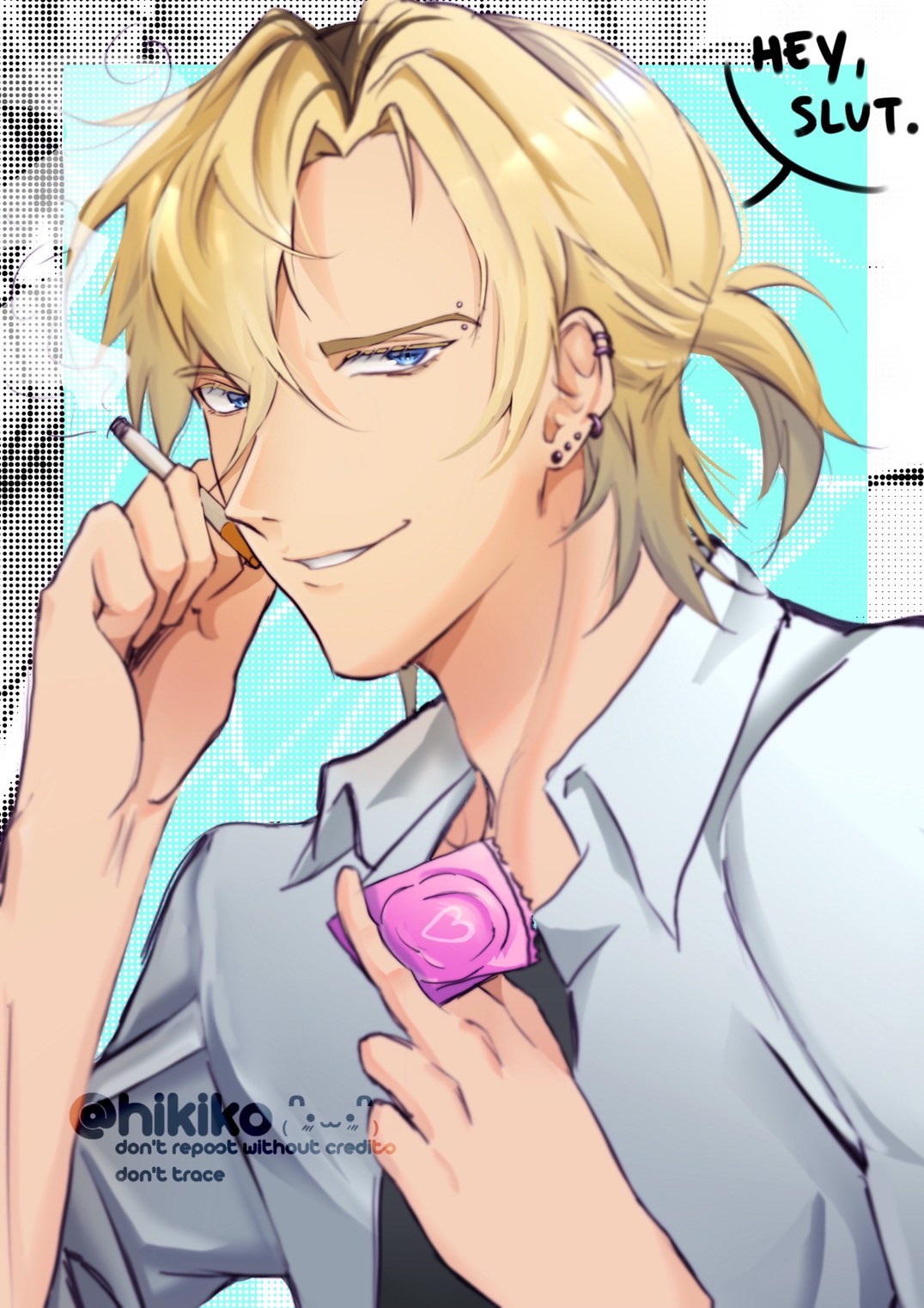 1boy, artist_name, black_necktie, blonde_hair, blue_eyes, cigarette, collared_shirt, condom