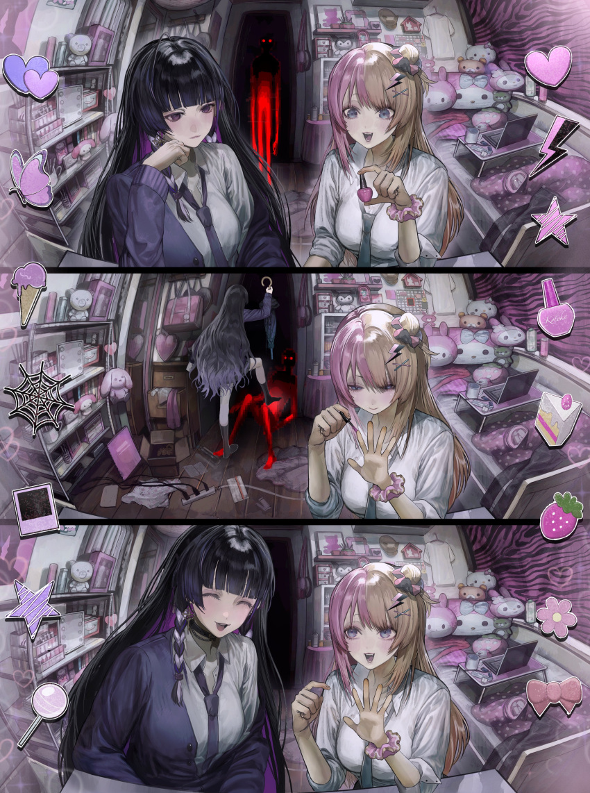 1other, 2girls, absurdres, applying_manicure, bag, bedroom, blue_eyes, blue_necktie