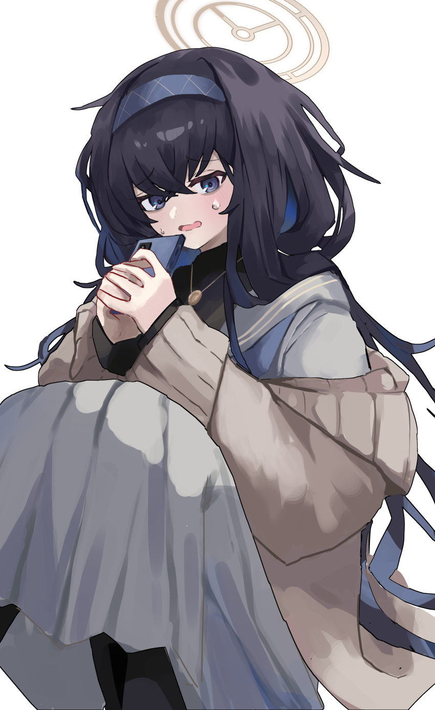 1girl, absurdres, black_hair, black_pantyhose, black_shirt, blue_archive, blue_eyes, blue_hair