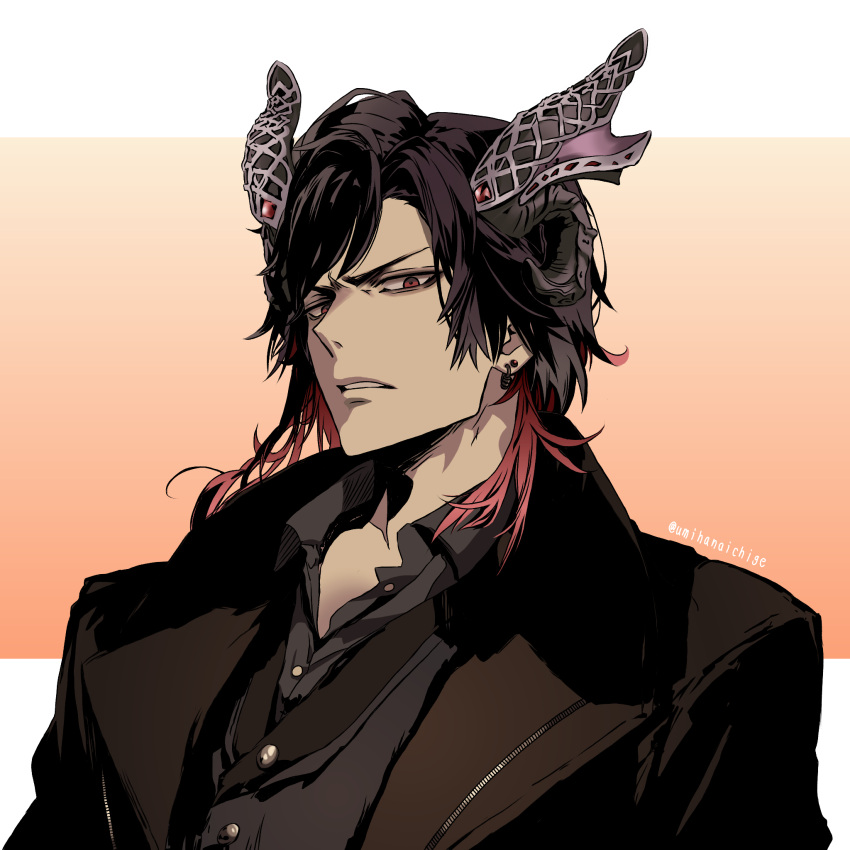 1boy, black_hair, black_jacket, black_vest, border, clenched_teeth, commentary_request, earrings, grey_shirt, grey_vest, highres, hoop_earrings, horns, jacket, jewelry, kamen_rider, kamen_rider_gavv_(series), lango_stomach, looking_at_viewer, looking_down, looking_to_the_side, male_focus, medium_hair, multicolored_hair, multiple_earrings, pink_hair, red_eyes, red_hair, shirt, solo, stud_earrings, teeth, twitter_username, umihanaichige, upper_body, vest, white_border