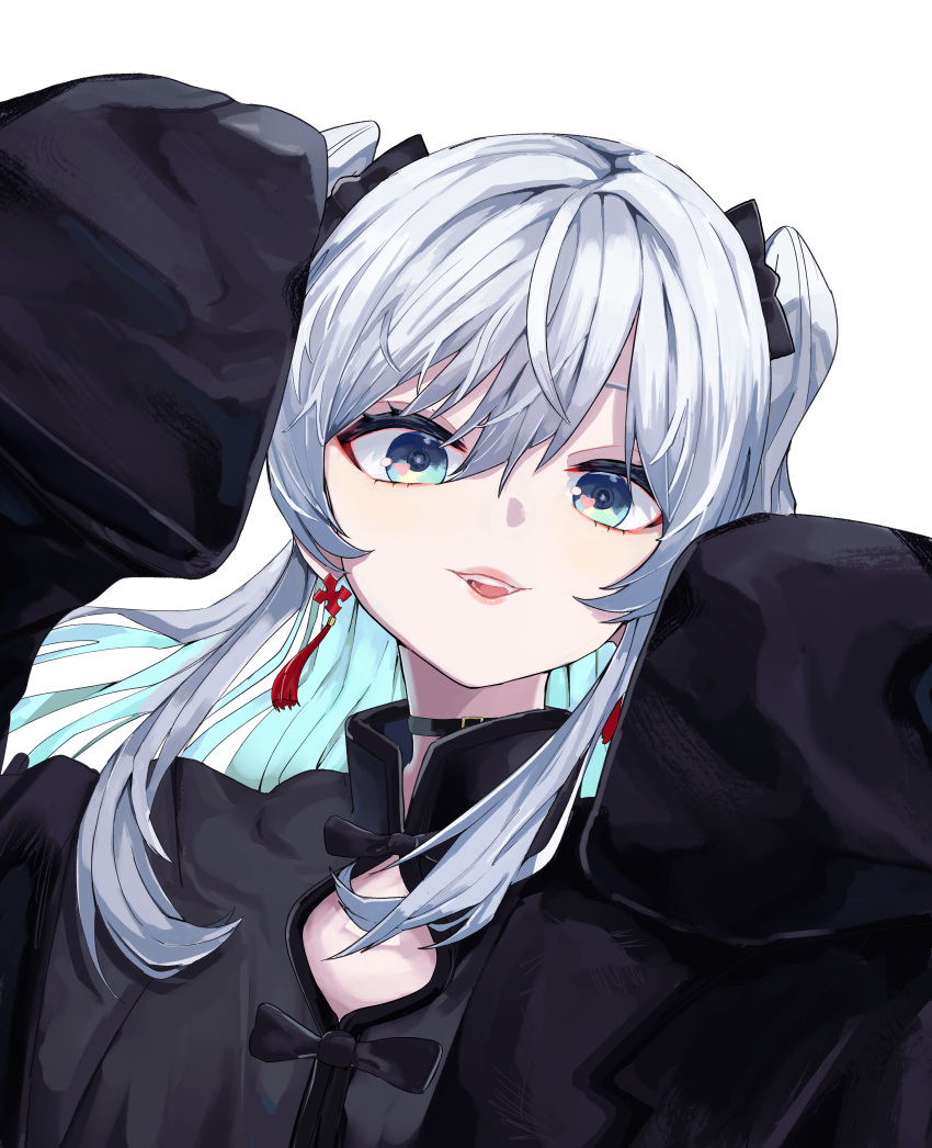 1girl, absurdres, black_bow, black_choker, black_dress, black_jacket, blue_eyes, blue_hair