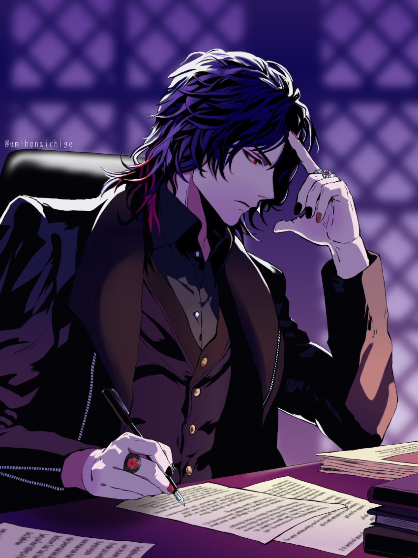 1boy, black_jacket, black_nails, blue_hair, blurry, blurry_background, book, book_stack
