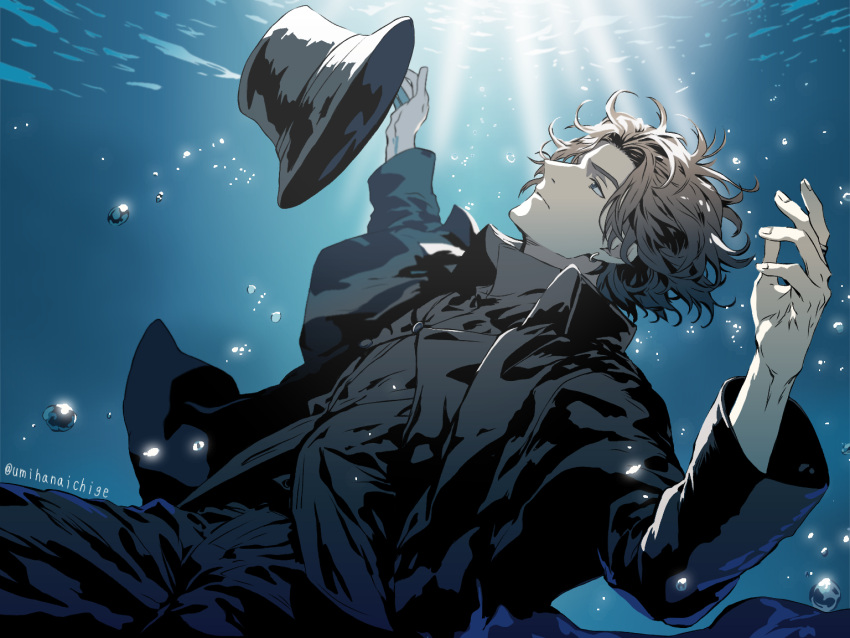 1boy, air_bubble, black_hat, black_jacket, black_pants, black_shirt, blue_eyes, bubble, commentary_request, cowboy_shot, earrings, floating_clothes, floating_hair, hat, hoop_earrings, jacket, jewelry, kamen_rider, kamen_rider_gavv_(series), lakia_amarga, male_focus, pants, parted_hair, profile, shirt, short_hair, silver_earrings, solo, twitter_username, umihanaichige, underwater