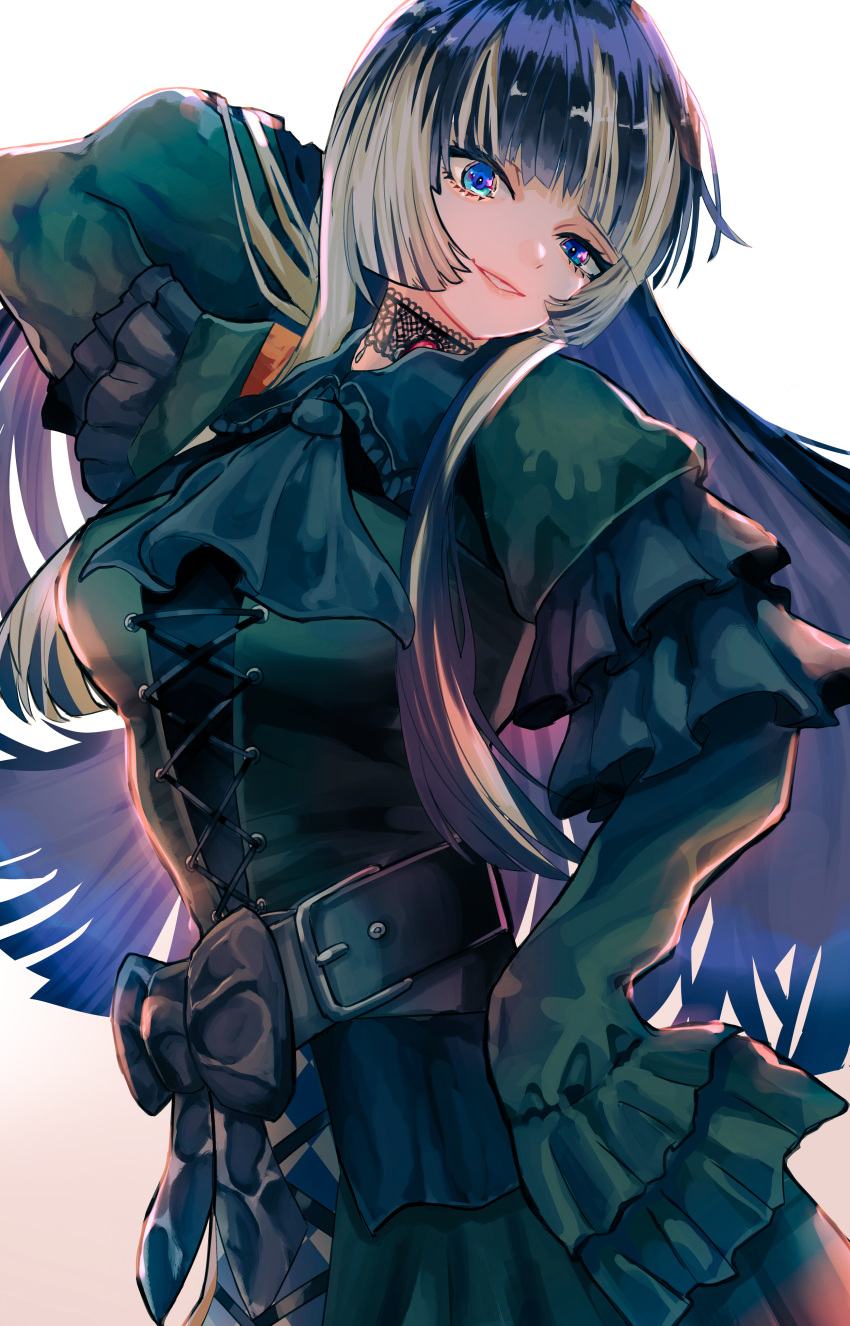 1girl, absurdres, arm_behind_head, arm_up, belt, belt_buckle, black_belt, black_bow