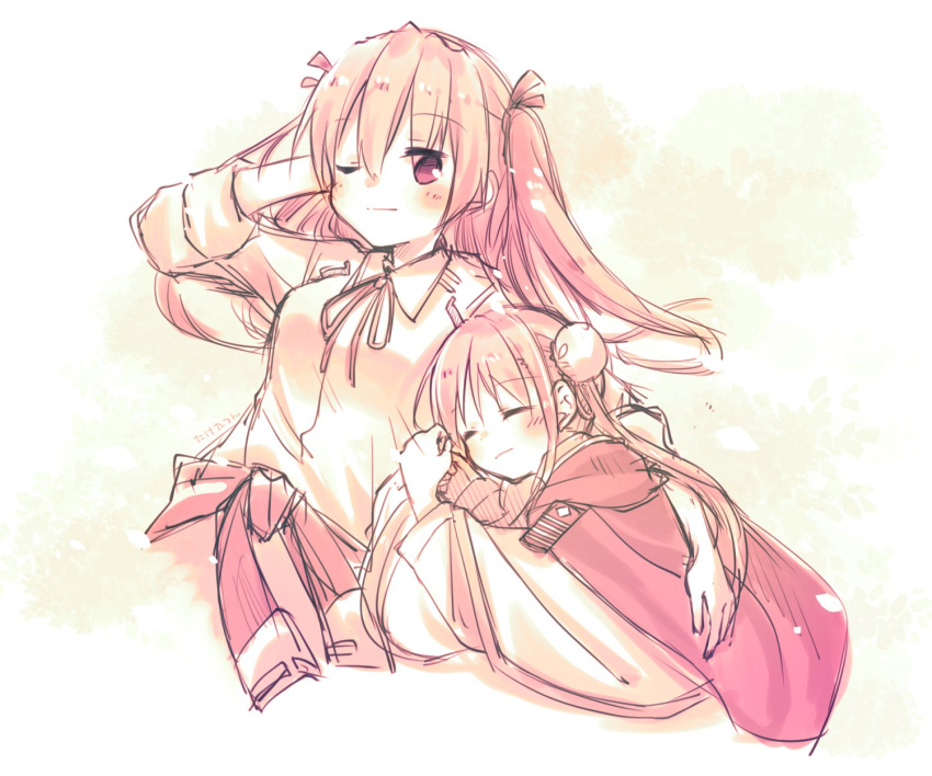 2girls, aikawa_megumi, clothes_around_waist, double_bun, hair_bun, heaven_burns_red, highres, jacket, kunimi_tama, leaning_on_person, long_hair, long_sleeves, monochrome, multiple_girls, pink_hair, shirt, taketatsu_(bamboo_stand09), two_side_up, white_shirt, yuri